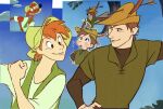  2boys arrow_(projectile) black_eyes blue_sky blush_stickers br&#039;er_fox_(disney) brown_hair brown_hat brown_shirt chibi chibi_inset clenched_hand derivative_work green_tunic green_vest hand_on_own_hip hat hat_feather highres humanization male_focus multiple_boys orange_hair parted_lips reference_inset robin_hood_(disney) robin_hood_(disney)_(character) screenshot_redraw shirt short_hair sky song_of_the_south translation_request uochandayo vest white_shirt 