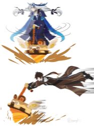  2boys absurdres ahoge ascot blue_hair blurry brown_hair coat faceless genshin_impact gloves gradient_hair hair_ornament highres long_hair long_sleeves low-tied_long_hair multicolored_hair multiple_boys neuvillette_(genshin_impact) pointy_ears pyongli shoes simple_background speed_lines streaked_hair white_hair zhongli_(genshin_impact) 