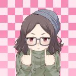  1girl brown_hair checkered_background closed_mouth commentary_request ebizuka_tomo girls_band_cry glasses green_hoodie grey-framed_eyewear grey_beanie hood hoodie long_sleeves looking_at_viewer pink_background pinky_out pout red_eyes solo summer_left upper_body 