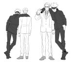  2boys arm_around_shoulder blindfold collared_shirt from_behind gojou_satoru greyscale grin jujutsu_kaisen leaning_on_person male_focus monochrome multiple_boys nanami_kento open_mouth pants shirt shoes short_hair smile standing suit sumio_(smosmo) 