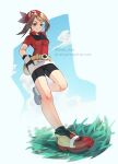  1girl ariekochan bandana bike_shorts black_footwear black_gloves blue_eyes blue_sky brown_hair closed_mouth clouds fanny_pack gloves grass highres leg_up looking_at_viewer may_(pokemon) on_grass pokemon pokemon_rse red_bandana red_footwear red_shirt shirt shoes short_sleeves shorts sky smile solo twitter_username two-tone_gloves white_gloves 