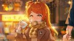  +_+ 1boy 1girl absurdres coat eating food food_on_face highres holding_hands idolmaster idolmaster_million_live! idolmaster_million_live!_theater_days long_hair night ogami_tamaki one_side_up orange_eyes orange_hair outdoors scarf sillon solo_focus winter_clothes 