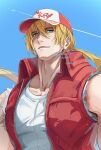  1boy baseball_cap blonde_hair blue_background blue_eyes closed_mouth collarbone commentary_request copyright_name fatal_fury hair_between_eyes hat highres korokoro_nekoz long_hair male_focus open_clothes open_vest red_vest shirt simple_background smile solo terry_bogard torn_clothes torn_shirt upper_body vest white_shirt 