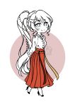  1girl absurdres arms_behind_backchibi chibi chinese_clothes earrings fatrabbitr full_body hair_ornament hanfu high_heels highres jewelry long_hair looking_at_viewer ponytail pyrrha_nikos red_skirt rwby rwby_chibi shirt side_ponytail skirt smile solo very_long_hair 