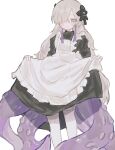  1girl absurdres alternate_costume apron black_dress blue_eyes blush cevio commentary_request dress enmaided faoru_ofuton garter_straps grey_hair hair_ornament hair_over_one_eye highres kamitsubaki_studio long_hair looking_at_viewer maid multicolored_hair purple_hair sekai_(cevio) simple_background skirt_hold smile solo tentacles thigh-highs two-tone_hair very_long_hair white_background white_thighhighs 