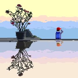  1boy backpack bag blue_bag clouds cloudy_sky flower original pink_flower pixel_art plant potted_plant reflection reflective_water scenery shadow sky sky_focus solo sunlight tomoruka_mr water white_sky 