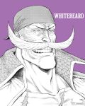  1boy artist_name bandana character_name clenched_teeth collarbone commentary edward_newgate english_commentary english_text facial_hair feriowind greyscale_with_colored_background high_collar male_focus mustache one_piece purple_background scar scar_on_chest simple_background smile solo teeth 