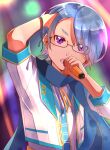  1boy blue_hair blurry blurry_background glasses highres holding holding_microphone indie_virtual_youtuber izumi_keika izumi_keika_(character) jacket looking_at_viewer male_focus microphone open_mouth shirt short_hair short_sleeves solo upper_body violet_eyes virtual_youtuber white_jacket white_shirt 