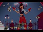  1girl animification artofgiuls blunt_bangs chandelier commentary crop_top english_text hair_behind_ear highres holding k-pop korean_text lantern letterboxed long_hair money_rain pants red_lips red_pants red_velvet_(group) seulgi_(red_velvet) short_sleeves solo twitter_username 
