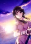  1girl belt black_hair china_dress chinese_clothes clouds dawn dress fire_emblem fire_emblem:_genealogy_of_the_holy_war gloves gradient_sky hisame_(yumemaboroshi) holding holding_sword holding_weapon larcei_(fire_emblem) light_frown looking_at_viewer morning outdoors purple_tunic sheath sheathed sidelocks sky solo sun sunrise sword tunic weapon 