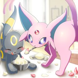  closed_eyes counter eating espeon food fruit gem hachine_mituko highres kitchen licking long_tail looking_back no_humans pokemon pokemon_(creature) spoon strawberry tail tongue umbreon violet_eyes 