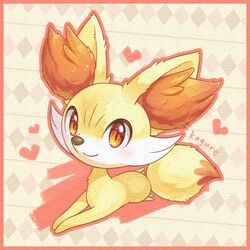  animal_ear_fluff border closed_mouth commentary_request fennekin full_body heart highres kagure_(karaguren) lying no_humans on_stomach orange_eyes pokemon pokemon_(creature) smile solo yellow_fur 