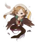  1boy :&lt; animal_feet bird_legs bird_tail bird_wings branch brown_eyes brown_hair brown_wings chibi claws closed_mouth falling_feathers feathered_wings feathers full_body getian_(reverse:1999) grey_eyes hand_up harpy_boy heterochromia highres looking_at_viewer male_focus monster_boy papu_ri_ca reverse:1999 short_hair simple_background solo squatting tail veil white_background white_hanfu winged_arms wings 