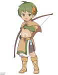  1boy arakokra artist_name boots bow_(weapon) cape child full_body green_eyes green_hair highres holding holding_weapon looking_at_viewer male_focus navel open_mouth original pointy_ears short_hair simple_background smile solo standing toes weapon white_background 
