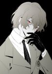  1boy akechi_gorou bishounen black_background blazer blood blood_drop blood_from_eyes bright_pupils buttons collared_jacket collared_shirt commentary crest eyelashes gloves greyscale hair_between_eyes hand_on_own_chin jacket lapels layered_sleeves long_sleeves male_focus monochrome necktie notched_lapels persona persona_5 pocket red_eyes shirt short_hair simple_background solo spot_color striped_clothes unagi_(nakaelric) upper_body vertical-striped_clothes vertical-striped_necktie white_pupils wide-eyed 