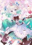  1girl :3 :d apron aqua_dress blue_eyes breasts cherry_blossoms commission detached_sleeves dress feet_out_of_frame frills gradient_hair highres indie_virtual_youtuber maid_apron maid_headdress medium_breasts medium_hair mint_fantome multicolored_hair second-party_source sleeves_past_fingers sleeves_past_wrists smile solo triangular_headpiece two_side_up virtual_youtuber white_apron white_hair xiaola_kirara 
