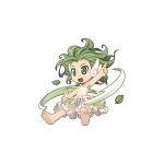  1girl :d angel_wings armpits barefoot chibi dress ear_wings frilled_dress frills full_body green_eyes green_hair index_finger_raised leaf official_art open_mouth ragnarok_online simple_background smile soles solo strapless strapless_dress toes transparent_background ventus_(ragnarok_online) white_dress wings yuichirou 