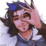  1boy artist_name black_hair blue_hair blush brown_eyes facial_hair goatee highres kisume_to league_of_legends looking_at_viewer multicolored_hair ok_sign ok_sign_over_eye portrait rakan_(league_of_legends) simple_background smile ssg_rakan two-tone_hair white_background 