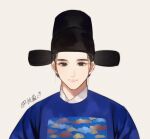  1boy black_eyes black_hair blue_shirt chinese_clothes chinese_text closed_mouth futou hanfu hat looking_at_viewer male_focus original seth_naitangdidi shirt simple_background solo twitter_username upper_body white_background yuanlingshan 