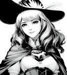  1girl absurdres brooch cape commentary_request curly_hair eyelashes fantasy final_fantasy frilled_sleeves frills greyscale hat hat_feather highres jewelry lips long_eyelashes long_hair looking_at_viewer momo_oddeye monochrome puffy_short_sleeves puffy_sleeves red_mage_(final_fantasy) short_sleeves smile solo upper_body white_background 