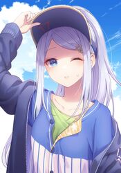  1girl adjusting_clothes adjusting_headwear arm_up blue_eyes buttons day grey_hair hair_ornament hinata_mizuiro hood hoodie long_hair long_sleeves off_shoulder one_eye_closed parted_lips partially_unbuttoned project_sekai sky solo star_(symbol) star_hair_ornament sweat upper_body visor_cap yoisaki_kanade 