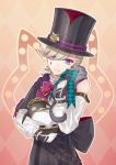  1boy animal aqua_bow argyle_background award_ribbon back_bow black_bow black_capelet black_corset black_gloves black_hat blonde_hair bow bowtie brown_bow brown_bowtie buttons capelet cat center_frills commentary_request corset detached_sleeves facial_mark frilled_shirt_collar frills genshin_impact gloves grey_cat hair_between_eyes hand_up hat holding holding_animal holding_cat long_sleeves looking_at_viewer lyney_(genshin_impact) male_focus non-humanoid_robot outline parted_bangs parted_lips pers_(genshin_impact) pink_background red_bow red_bowtie robot robot_animal shirt short_hair simple_background sleeveless sleeveless_shirt smile solo swept_bangs teardrop_facial_mark top_hat two-tone_gloves violet_eyes white_gloves white_shirt white_sleeves yellow_outline yonaka_(yonaka221) 