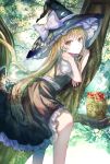  1girl basket black_skirt blonde_hair bow braid closed_mouth commentary_request green_bow hair_bow hat hat_bow highres in_tree kirisame_marisa long_hair looking_at_viewer marisa_day mushroom short_sleeves side_braid single_braid sitting sitting_in_tree skirt solo suzushina touhou tree twitter_username very_long_hair white_bow witch_hat yellow_eyes 