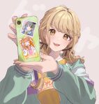  1girl blonde_hair blush braid cellphone fingernails fujita_kotone gakuen_idolmaster hair_ribbon hashtag_only_commentary head_tilt highres holding holding_phone idolmaster idolmaster_(classic) idolmaster_shiny_colors in-franchise_crossover jacket looking_at_viewer multicolored_clothes multicolored_jacket nanakusa_nichika phone photo_(object) ribbon shirt simple_background smile solo takatsuki_yayoi tanupon twin_braids upper_body yellow_shirt 