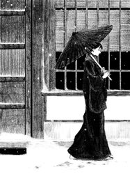  1girl building expressionless from_side full_body greyscale highres japanese_clothes kimono monochrome oil-paper_umbrella original outdoors profile snow snowing tp_p_pt umbrella walking 