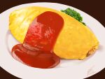  brown_background food food_focus izumi_keika ketchup no_humans omelet omurice original plate realistic signature simple_background spinach 