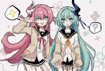  2girls :d ? black_sailor_collar black_skirt blue_eyes bow brown_cardigan brown_neckerchief cardigan commentary_request fang floral_background garter_straps green_hair grey_background hair_between_eyes hand_up honkai_(series) honkai_impact_3rd liliya_olenyeva long_hair long_sleeves looking_at_viewer macaroni_0101 multiple_girls neckerchief off_shoulder open_cardigan open_clothes pink_hair pleated_skirt puffy_long_sleeves puffy_sleeves red_bow rozaliya_olenyeva sailor_collar school_uniform serafuku shirt short_eyebrows simple_background skirt smile spoken_question_mark spoken_sparkle standing thick_eyebrows thigh-highs v_over_eye very_long_hair white_shirt white_thighhighs 