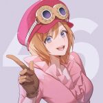  1girl brown_gloves brown_hair commentary_request english_commentary frilled_shirt frills gloves goggles goggles_on_headwear hat index_finger_raised koala_(one_piece) looking_at_viewer mixed-language_commentary one_piece open_mouth pink_shirt red_hat shirt short_hair smile solo teeth yoshicha 