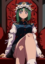  1girl absurdres black_skirt blue_eyes blue_hat blue_vest breasts buttons crossed_legs epaulettes from_below green_hair hat hat_ribbon highres juliet_sleeves legs long_sleeves mandarin_collar medium_hair miniskirt pleated_skirt puffy_sleeves red_ribbon ribbon shiki_eiki shirt sitting skirt small_breasts socks solo thighs touhou uzou_ck0l65ckol47909 vest white_ribbon white_shirt white_sleeves white_socks 