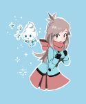  1girl :d adapted_costume black_gloves blush brown_eyes brown_hair buttons clenched_hands commentary_request gloves hands_up happy jacket leaf_(pokemon) long_hair looking_at_viewer milkpeachi open_mouth outline pokemon pokemon_(creature) pokemon_frlg red_scarf red_skirt scarf sidelocks skirt smile vanillite 