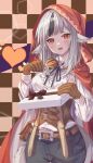  1girl :d animal_ears belt black_hair black_ribbon box breasts brown_belt brown_corset brown_gloves cape checkered_background collared_shirt corset cowboy_shot dress_shirt fang fire_emblem fire_emblem_fates fuussu_(21-kazin) gift gift_box gloves grey_hair heart holding holding_gift hood hood_up hooded_cape long_hair long_sleeves looking_at_viewer medium_breasts multicolored_hair neck_ribbon open_mouth orange_eyes ribbon shirt smile solo streaked_hair tail two-tone_hair velouria_(fire_emblem) white_shirt wolf_ears wolf_girl wolf_tail 