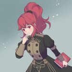  1girl anna_(fire_emblem) black_skirt book commentary_request finger_to_mouth fire_emblem fire_emblem:_three_houses garreg_mach_monastery_uniform grin hair_between_eyes highres holding holding_book ponytail puffy_sleeves red_eyes redhead shirotsuki2022 sidelocks skirt smile solo 
