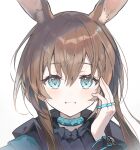  1girl absurdres amiya_(arknights) animal_ears arknights arm_up blue_eyes blush brown_hair close-up commentary grin hair_between_eyes hair_intakes hand_on_own_face highres jewelry long_hair long_sleeves looking_at_viewer portrait rabbit_ears rabbit_girl ring simple_background smile solo white_background xing_(gloryxing) 