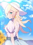  1girl alternate_costume ayaka_00709 blonde_hair blue_eyes blue_sky closed_mouth clouds commentary earrings eyes_visible_through_hair hat highres jewelry long_hair looking_back puffy_short_sleeves puffy_sleeves rosalina shirt short_sleeves skirt sky smile solo star_(symbol) star_earrings sun_hat super_mario_bros. symbol-only_commentary upper_body white_hat white_shirt 