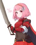  1girl armor braid cape dated fire_emblem fire_emblem_engage grey_hairband hairband highres holding holding_sword holding_weapon lapis_(fire_emblem) lillian8710 pink_eyes pink_hair red_armor red_cape red_hairband ribbon shoulder_armor side_braid sword two-tone_hairband weapon white_ribbon 