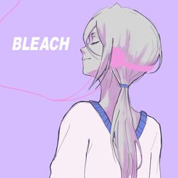  1girl alternate_color arms_at_sides bleach closed_eyes closed_mouth commentary copyright_name eyelashes from_behind gwao_(_ul_13) hair_between_eyes headphones highres kuchiki_rukia long_hair low_ponytail profile purple_background shirt sidelocks simple_background smile solo straight_hair upper_body white_shirt 