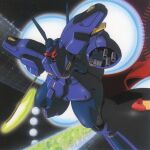  1980s_(style) 1990s_(style) aiming arm_cannon beam_axe beam_cannon cover dreissen english_commentary gundam gundam_zz highres key_visual kitazume_hiroyuki mecha mobile_suit neo_zeon o&#039;neill_cylinder official_art one-eyed production_art promotional_art retro_artstyle robot science_fiction solar_panel space thrusters vernier_thrusters weapon 