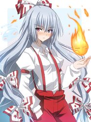  1girl 1other akatsuki_(ggsy7885) armband blue_background blue_eyes blush blush_stickers border breasts closed_eyes collared_shirt commentary_request cosplay cowboy_shot fireball fujiwara_no_mokou fujiwara_no_mokou_(cosplay) grey_hair hair_ribbon hand_in_pocket heterochromia highres long_hair long_sleeves looking_at_viewer luminous_valentine outside_border overalls parted_lips red_armband red_eyes red_overalls red_ribbon ribbon rimuru_tempest_(slime) shirt small_breasts solo_focus standing tensei_shitara_slime_datta_ken touhou twitter_username two-tone_ribbon very_long_hair white_border white_ribbon white_shirt 