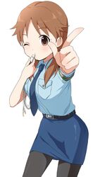  1girl absurdres belt black_belt black_pantyhose blue_necktie blue_shirt blue_skirt blush breasts brown_eyes brown_hair buchi_(y0u0ri_) cowboy_shot dot_nose green_sash hands_up highres holding holding_whistle idolmaster idolmaster_cinderella_girls idolmaster_cinderella_girls_starlight_stage index_finger_raised katagiri_sanae large_breasts looking_at_viewer low_twintails necktie one_eye_closed pantyhose pencil_skirt police police_uniform sash shirt short_hair short_sleeves simple_background skirt smile solo standing twintails uniform whistle white_background 