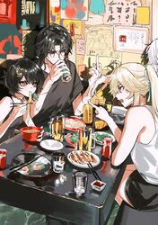  1girl 3boys ahoge bare_shoulders black_hair black_shirt black_shorts blade_(honkai:_star_rail) blonde_hair can chair choker chopsticks cup cuts drink_can drinking drinking_glass earrings eating elbow_rest family food friends from_side hair_between_eyes hair_ornament hair_ribbon hairclip hand_up hands_up high_ponytail highres holding holding_can holding_chopsticks honkai:_star_rail honkai_(series) index_finger_raised indoors injury jam8366 jewelry jing_yuan long_hair looking_at_another middle_finger multiple_boys noodles open_mouth orange_eyes pointing ponytail red_eyes red_nails ribbon scar scar_on_arm shadow shirt short_hair short_sleeves shorts single_earring sitting sleeveless soda soda_can table thighs white_hair white_shirt yanqing_(honkai:_star_rail) yellow_eyes yunli_(honkai:_star_rail) 