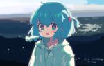  aoi_tori aqua_eyes aqua_hair blue_hoodie blurry blurry_background blush_stickers breath fang highres hood hoodie looking_at_viewer one_side_up open_mouth original skin_fang upper_body 