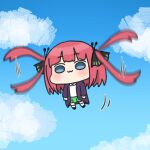 1girl :3 afterimage akino_ell black_footwear black_ribbon blue_eyes blue_sky blush cardigan chibi chibi_only closed_mouth clouds collared_shirt day flying full_body go-toubun_no_hanayome green_skirt hair_ribbon long_hair looking_at_viewer motion_lines nakano_nino open_cardigan open_clothes outdoors pleated_skirt prehensile_hair purple_cardigan redhead ribbon school_uniform shirt shoes skirt sky socks solo speed_lines two_side_up very_long_hair white_shirt white_socks 