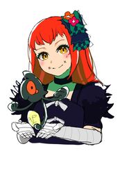  1girl choker fire_emblem fire_emblem_engage fire_emblem_fates looking_at_viewer orange_hair panette_(fire_emblem) pokemon pokemon_(creature) shia_(dmff8555) short_bangs sidelocks solo yellow_eyes 