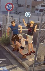  1girl 2boys ao_isami black_hair black_shirt black_shorts blonde_hair blue_shirt double_bun double_v google_street_view hair_bun high_school_girls_posing_for_google_street_view_(meme) highres leg_up lewis_smith long_hair lulu_(bang_bravern) map_pin medium_bangs meme moba_z multiple_boys photo_background red_eyes shirt shoes short_hair short_shorts shorts sneakers twitter_username v very_long_hair white_hair white_shorts yuuki_bakuhatsu_bang_bravern 