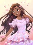  1girl absurdres dark-skinned_female dark_skin dragonfu dress earrings encanto flower hair_flower hair_ornament happy highres isabela_madrigal jewelry long_hair mole mole_under_eye open_mouth petals pink_dress smile solo 