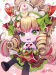  1girl :d aoko_(torisoboro) black_footwear black_pantyhose blonde_hair blush cafe_cuties_lulu dress drill_hair food-themed_hair_ornament green_dress green_eyes hair_ornament highres league_of_legends long_hair lulu_(league_of_legends) maid_headdress mole mole_under_eye multicolored_hair pantyhose red_dress redhead shoes smile solo strawberry_hair_ornament teeth twin_drills 